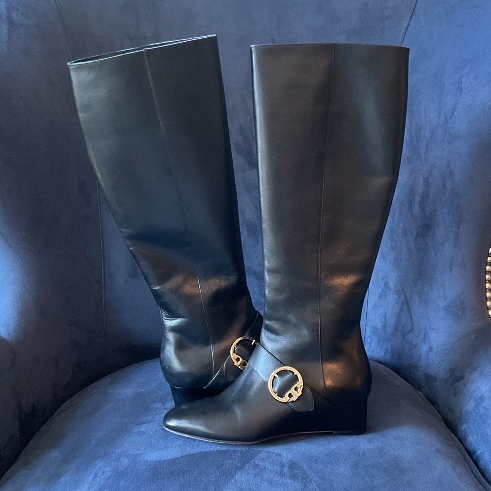 Tory Burch Black Boots with Gold Buckle